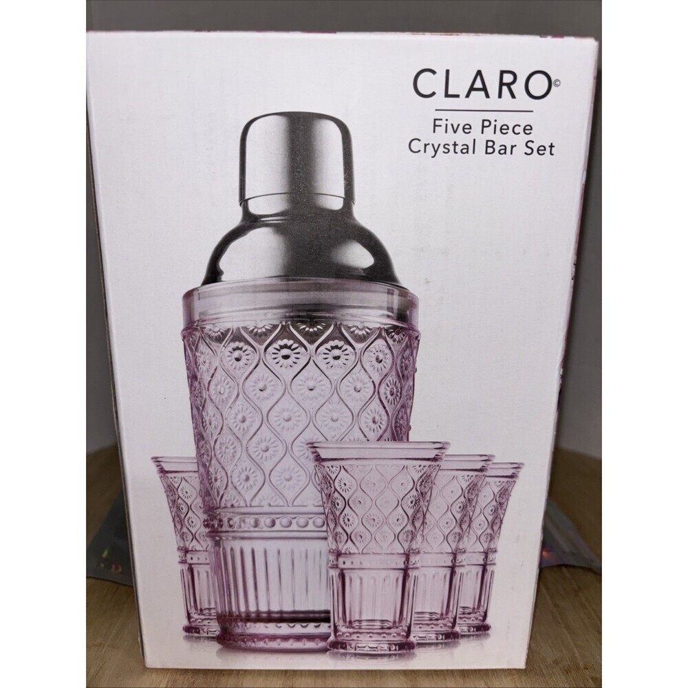 New Claro 5 pcs Set Crystal Bar Cocktail PINK Martini Shaker 4/2 Oz Shot Glasses